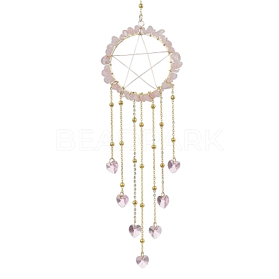 Wire Wrapped Natural Rose Quartz Chips Ring Hanging Ornaments HJEW-JM02371-02-1