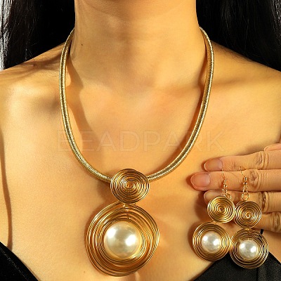 Oval Aluminum Wire Wrapped Acrylic Imitation Pearl with Imitation Leather Pendant Necklaces & Dangle Earrings Sets FS-WG4644F-01-1