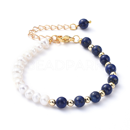Natural Pearl & Natural Lapis Lazuli(Dyed) Beaded Bracelets BJEW-JB05153-04-1