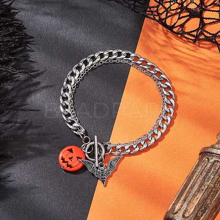 Halloween Alloy Enamel Bat and Dyed Synthetic Turquoise Pumpkin Charm 304 Stainless Steel Bracelet Sets BJEW-JB12446-01-1