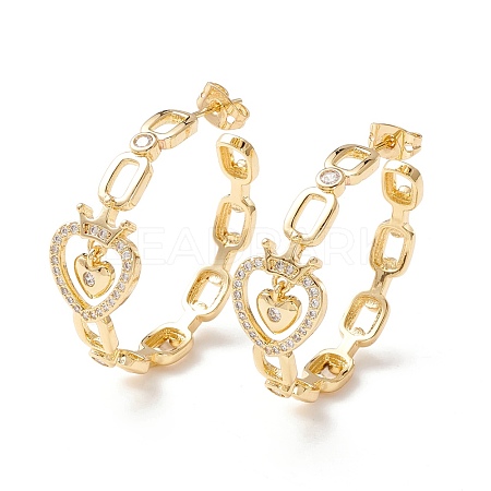 Heart with Crown Cubic Zirconia Stud Earrings EJEW-I263-04G-1
