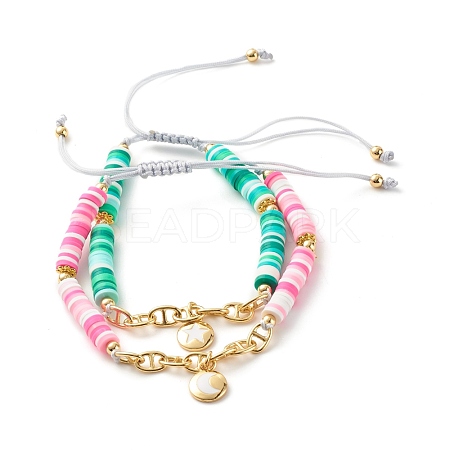 Handmade Disc Polymer Clay Braided Bead Bracelets Set BJEW-JB07407-1