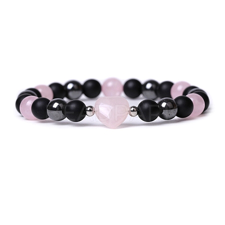 Natural Rose Quartz Heart Beaded Stretch Bracelet PW-WG70241-04-1