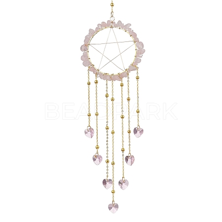 Wire Wrapped Natural Rose Quartz Chips Ring Hanging Ornaments HJEW-JM02371-02-1