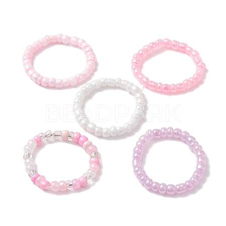 5Pcs 5 Color Glass Seed Beaded Stretch Finger Rings RJEW-JR00665-1