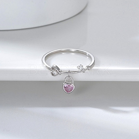 Rhodium Plated 925 Sterling Silver Finger Ring with Cubic Zirconia Heart Pad Charms RJEW-C064-34B-P-1