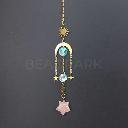 Natural Rose Quartz Star Sun Catcher Hanging Ornaments with Brass Sun HJEW-PW0002-13C-1