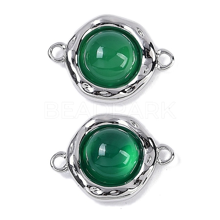 Brass Pave Natural Green Onyx Agate(Dyed & Heated) Flat Round Links Connector Charms KK-U043-45P-B-1