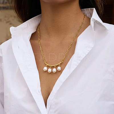 Natural Freshwater Pearl Rice Tassel 304 Stainless Steel Paperclip Chain Necklace for Women AR2544-1