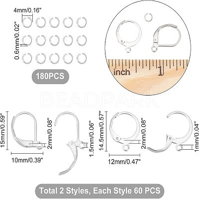120Pcs 2 Style 304 Stainless Steel Leverback Earring Findings STAS-UN0038-45-1