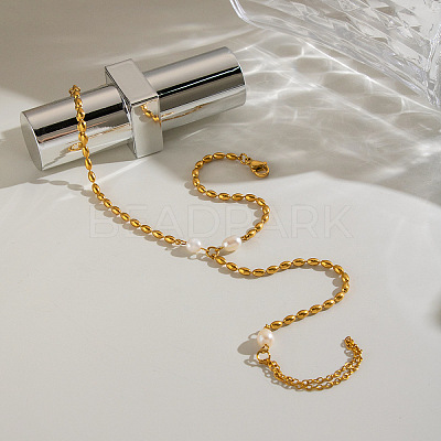 Natural Freshwater Pearl 304 Stainless Steel Rice Bead Hand Chain Ring Bracelets for Women PW2633-1