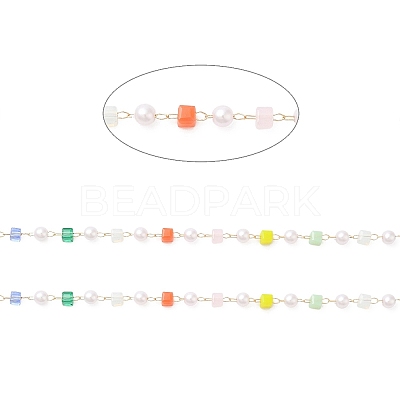 Faceted Cube Glass & ABS Plastic Imitation Pearl Beaded Chains CHS-G026-02KCG-03-1-1