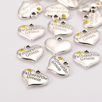 Wedding Theme Antique Silver Tone Tibetan Style Heart with Father of the Groom Rhinestone Charms LS-TIBEP-N005-13B-1