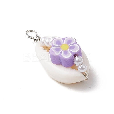 Natural Cowrie Shell & Handmade Polymer Clay Copper Wire Wrapped Pendants PALLOY-JF03818-01-1