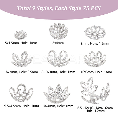 675Pcs 9 Styles Iron Bead Caps IFIN-GA0001-68-1