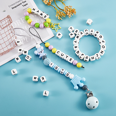 20Pcs White Cube Letter Silicone Beads 12x12x12mm Square Dice Alphabet Beads with 2mm Hole Spacer Loose Letter Beads for Bracelet Necklace Jewelry Making JX432A-1
