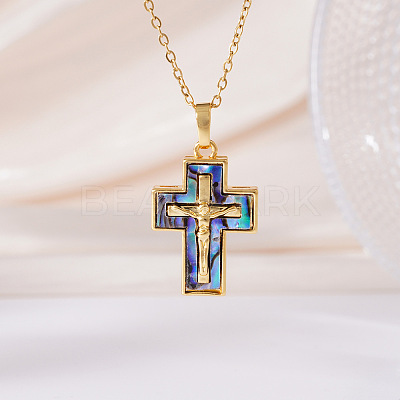 Brass Pave Natural Paua Shell Religion Jesus Cross Pendant Necklaces for Women FS-WGAAB84-03-1
