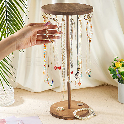 Round Wood Jewelry Necklace Display Organizer Hanging Tower Rack NDIS-TAC0001-01B-1