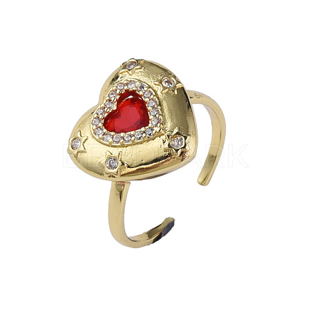 Cubic Zirconia Heart Open Cuff Ring RJEW-N035-127A-1