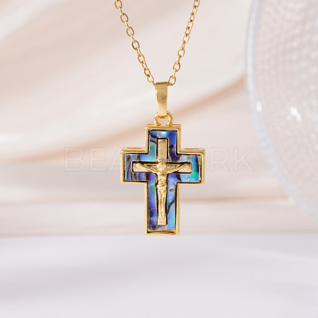 Brass Pave Natural Paua Shell Religion Jesus Cross Pendant Necklaces for Women FS-WGAAB84-03-1