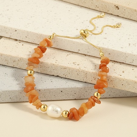 Natural Freshwater Pearl and Natural Red Aventurine Chip Beaded Adjustable Brass Box Chain Slider Bracelets for Women PS0343-3-1
