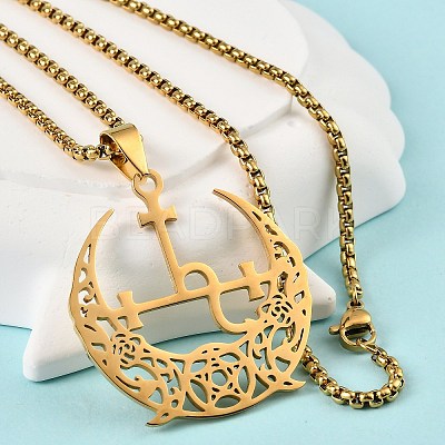 201 Stainless Steel Hollow Crescent Moon Pendant Box Chain Necklaces NJEW-M086-02G-1