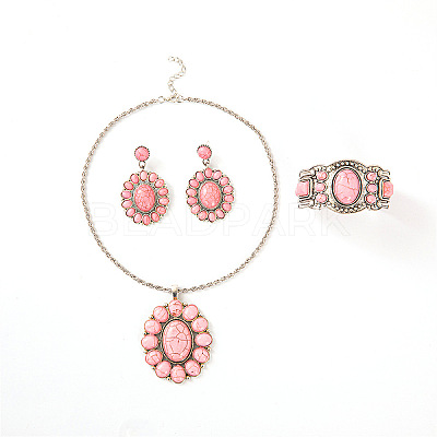 Oval Synthetic Turquoise Stud Earrings & Pendant Necklaces & Cuff Bangles FS-WG87EC0-01-1