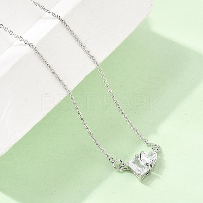 Brass Pave Cubic Zirconia Rectangle and Heart Pendant Cable Chain Necklaces KK-CBAB173-04P-04-1