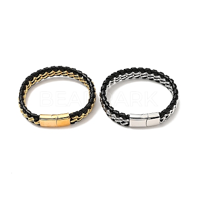Leather & 304 Stainless Steel Braided Curb Chains Cord Bracelet with Magnetic Clasp for Men Women BJEW-C021-19-1