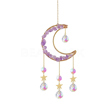 Natural Amethyst Chips Moon & Glass Teardrop Suncatchers LS-PW-WG75240-04-1