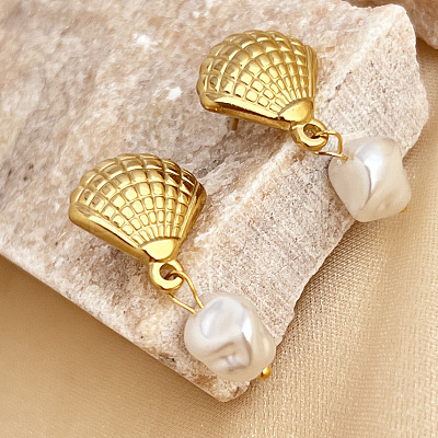 304 Stainless Steel Plastic Pearl Dangle Stud Earrings EJEW-G422-01G-03-1