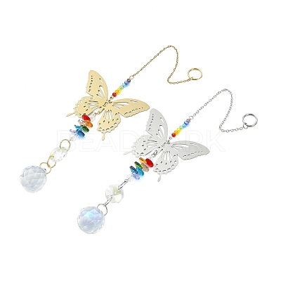 2Pcs 2 Colors 201 Stainless Steel Butterfly Shape & Rainbow Crystal Glass Hanging Suncatcher HJEW-TA00445-1