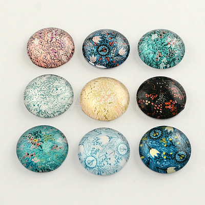 Flatback Half Round/Dome Flower and Plants Pattern Glass Cabochons X-GGLA-R026-12mm-15-1