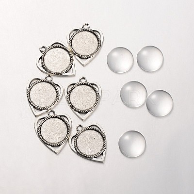 18x4mm Transparent Clear Glass Cabochons and Antique Silver Alloy Heart Pendant Cabochon Settings DIY-X0183-AS-1