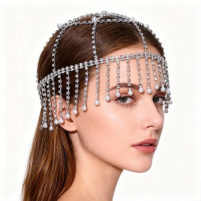 ABS Imitation Pearl & Rhinestone Mesh Headpiece Cap AJEW-WH20017-85P-1