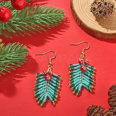 MIYUKI Rocailles & Glass Pearl Beaded Leaf Dangle Earrings EJEW-MZ00091-1