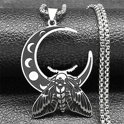 201 Stainless Steel Crescent Moon with Moth Pendant Box Chain Necklaces STAS-D196-01P-1