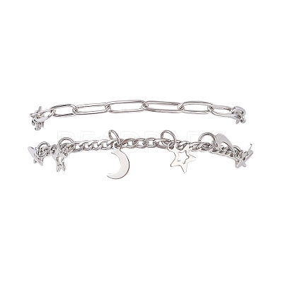 304 Stainless Steel Paperclip & Figaro Chain Bracelets for Women BJEW-JB12445-02-1