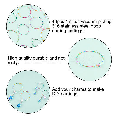 40Pcs 4 Colors PVD Vacuum Plating 316L Surgical Stainless Steel Hoop Earring Findings STAS-PH0001-60M-1