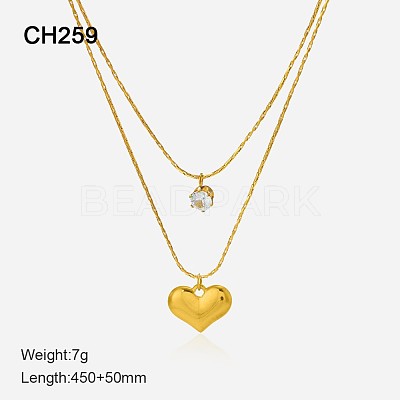 304 Stainless Steel & Clear Cubic Zirconia Double Layer Necklaces FS-WG7985A-10-1