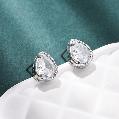 Brass Micro Pave Clear Cubic Zirconia Stud Earrings EJEW-C174-02G-P-1