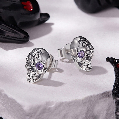 Halloween 925 Sterling Silver Cubic Zirconia Stud Earrings EJEW-P327-01C-AS-1