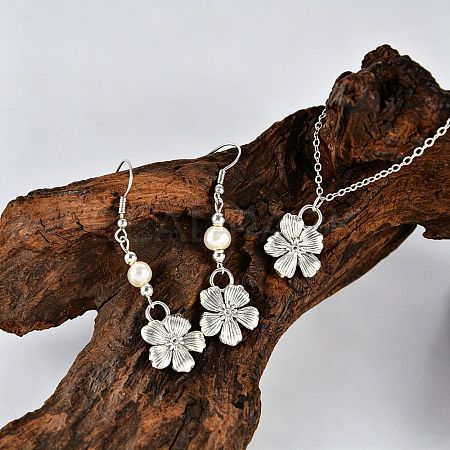 Zinc Alloy Imitation Pearl Flower Dangle Earrings & Pendant Necklaces Sets for Women WG42FFC-03-1