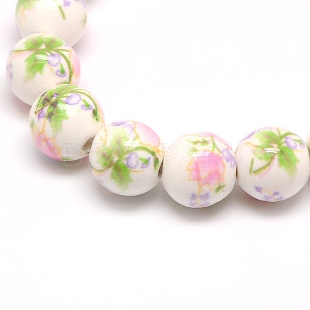 Handmade Flower Printed Porcelain Ceramic Beads Strands PORC-M007-10mm-07-1