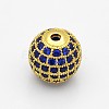 CZ Brass Micro Pave Grade AAA Blue Color Cubic Zirconia Round Beads KK-O065-6mm-03-NR-2