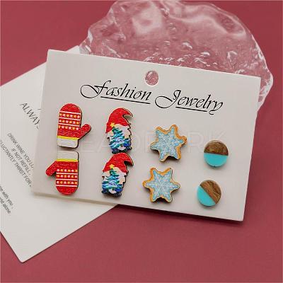 4 Pairs Snowflake & Glove & Christmas Gnome Printed Wood Stud Earrings EJEW-OY001-04-1