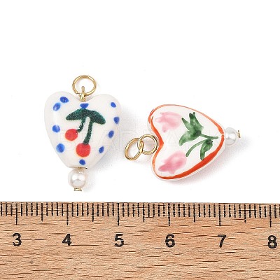 Hand Painted Floral & Cherry Pattern Heart Porcelain Pendants PALLOY-JF05560-1