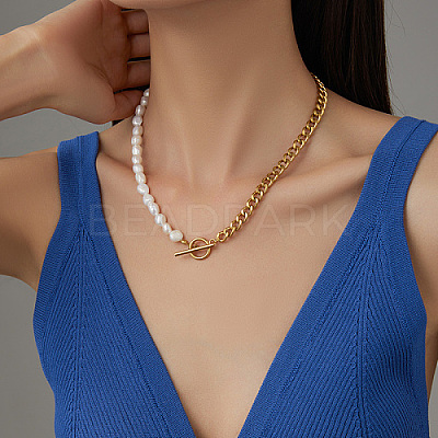 Natural Pearl Beaded Necklace with Stainless Steel Cuban Link Chains DQ3031-1-1