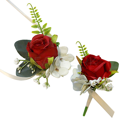 2Pcs 2 Style Silk Cloth Imitation Rose Corsage Boutonniere AJEW-CP0001-61C-1