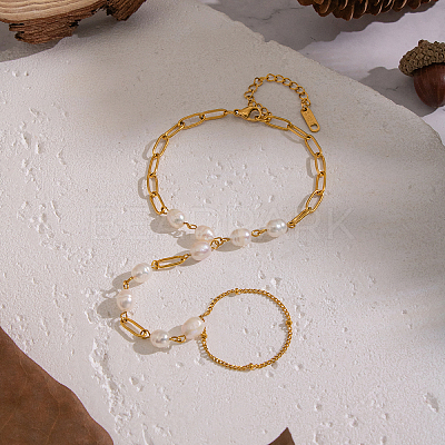 Elegant Natural Freshwater Pearl Beads Link Ring Bracelets KX0637-1